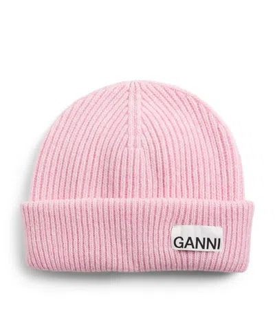 Ganni Wool-blend Light Structured Rib-knit Beanie In Pink