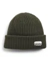 Ganni Loose Wool Rib Knit Beanie In Green