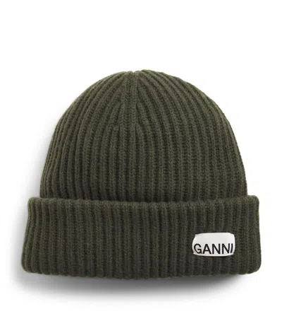 GANNI WOOL-BLEND RIB-KNIT BEANIE