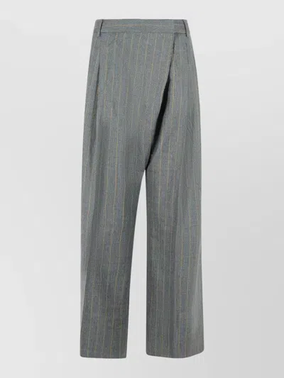 Ganni Wool Blend Striped Pleated Wide Leg Trousers In Gray