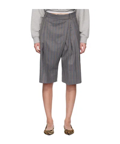Ganni Wool Blend Striped Shorts In Gray