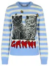 Ganni Light Blue Crewneck With Maxi Logo Print On The Front And All-over Striped Motif In Blue