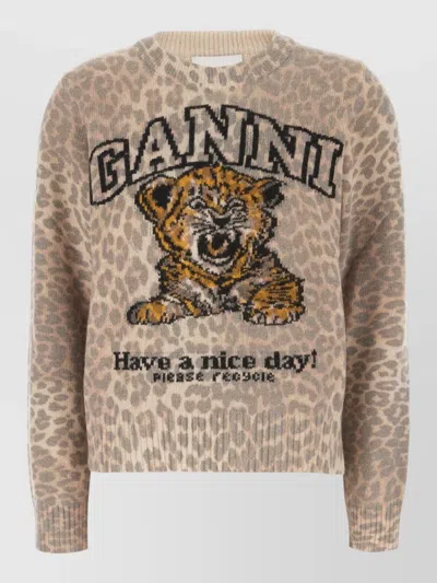 Ganni Wool Blend Sweater Crew Neck Animal Motif In Animal Print