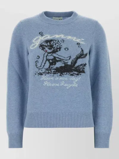 Ganni Wool Blend Sweater Crew Neck Graphic In Brown