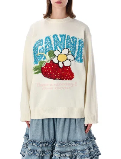 Ganni Wool Blend Sweater In Egret White