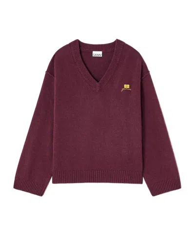 Ganni Wool Blend V-neck Pullover Sweater In Burgundy