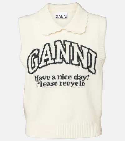 Ganni Wool Collared Sweater Vest In White