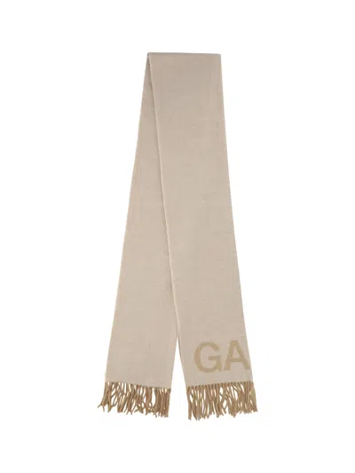 Ganni Wool Blend With Embroidered Logo Scarf In Gray