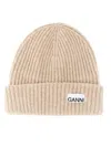 Ganni Beige Fisherman Rib Beanie With Logo Patch In Wool Blend Woman In Beige