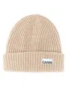 Ganni Beige Fisherman Rib Beanie With Logo Patch In Wool Blend Woman In Beige