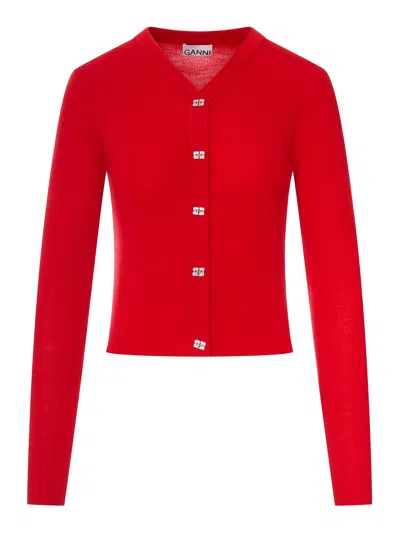 Ganni Wool Cardigan With Embroidered Logo In Red