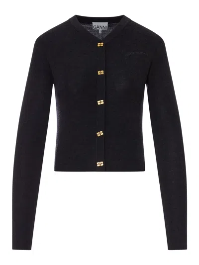 Ganni Wool Cardigan With Embroidered Logo In Black