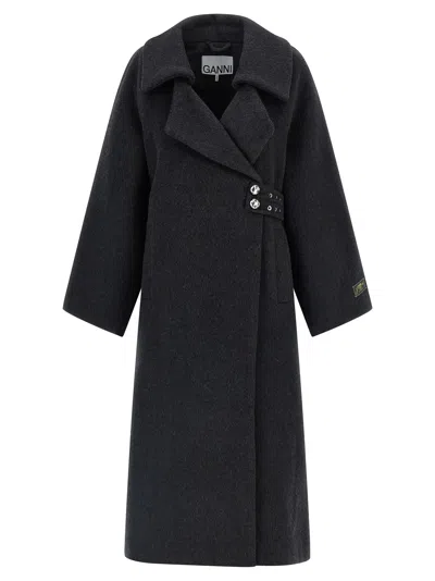 Ganni Wool Coat Coats And Trench Coats Gray In Black