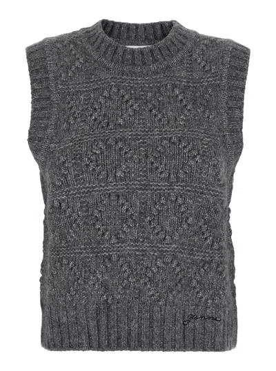 Ganni 'bubble' Grey Sleeveless Vest With Logo Lettering On The Front In Wool Blend Woman
