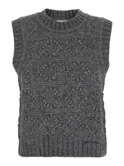 Ganni 'bubble' Grey Sleeveless Vest With Logo Lettering On The Front In Wool Blend Woman