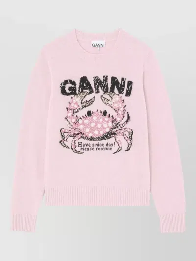 Ganni Wool Crew Neck Sweater Graphic Knit In Pink