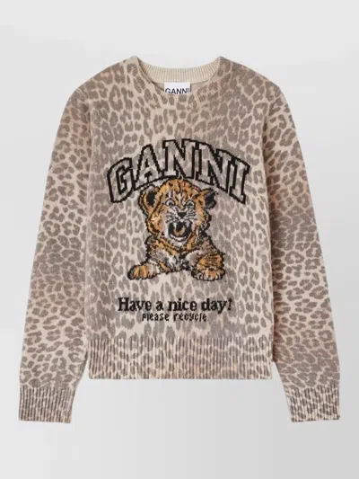 Ganni Wool Crewneck Sweater Leopard Motif Tiger In Brown
