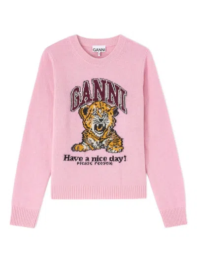 Ganni Graphic Print Long Sleeve Crew Neck Sweater In Pink