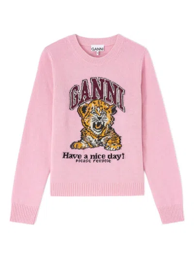 Ganni Graphic Print Long Sleeve Crew Neck Sweater In Pink