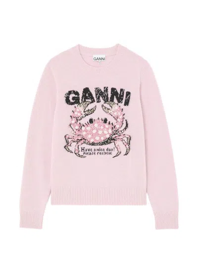 Ganni Wool Crewneck Sweater In Pink
