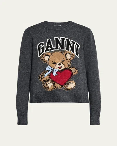 GANNI WOOL GRAPHIC BEAR CREWNECK SWEATER