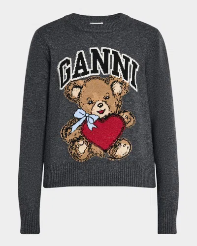 GANNI WOOL GRAPHIC BEAR CREWNECK SWEATER