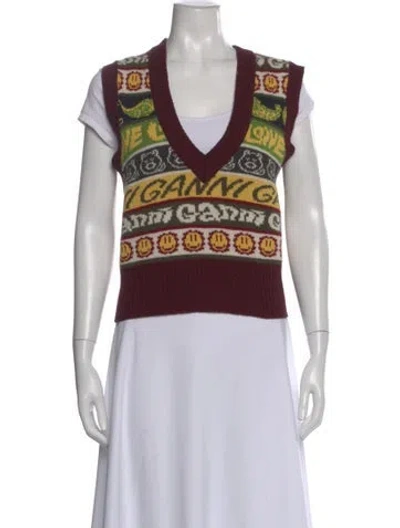 Pre-owned Ganni Wool Graphic Print Sweater In Burgundy