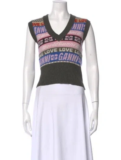 Pre-owned Ganni Wool Graphic Print Sweater In Gray