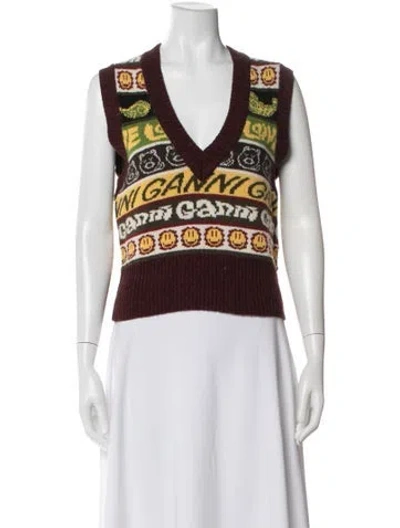 Pre-owned Ganni Wool Graphic Print Sweater In Multi