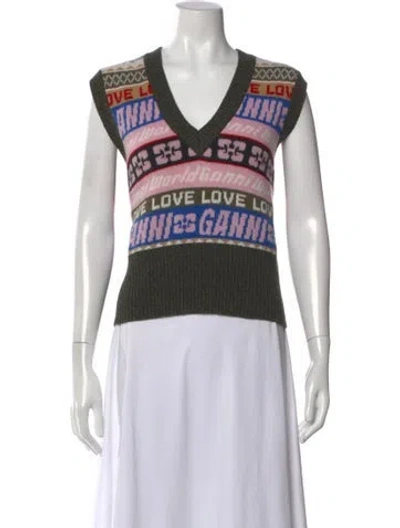 Pre-owned Ganni Wool Graphic Print Sweater In Multi