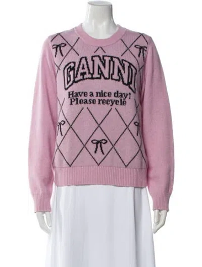 Pre-owned Ganni Wool Graphic Print Sweater In Pink