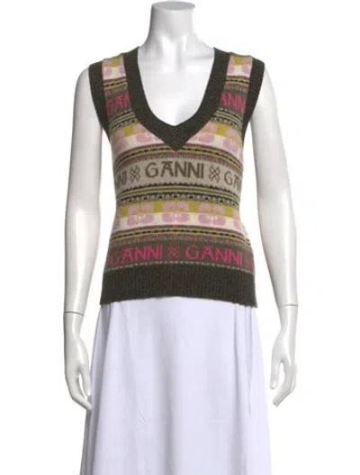 Pre-owned Ganni Wool Graphic Print Sweater In Red