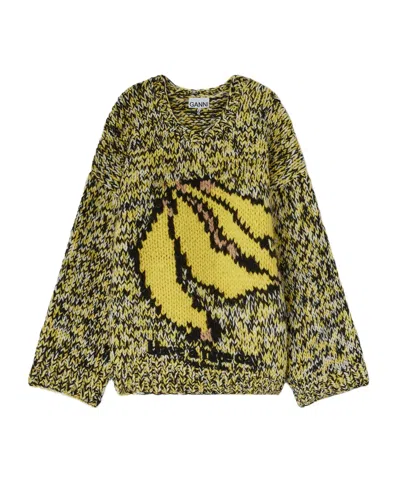 Ganni Wool Hand-knitted Crew Neck Sweater In Multi