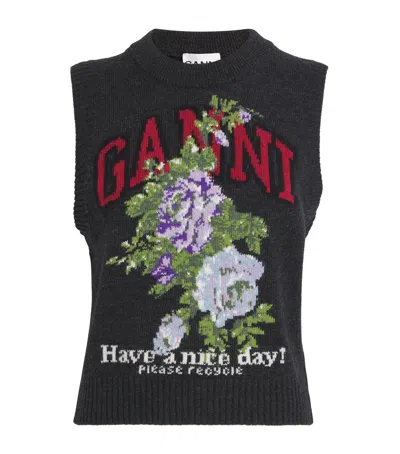 Ganni Wool Jacquard Flowers Sweater Vest In Black