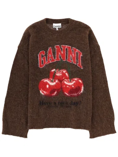 Ganni Brushed Alpaca Graphic Oversized Sweater In Brown