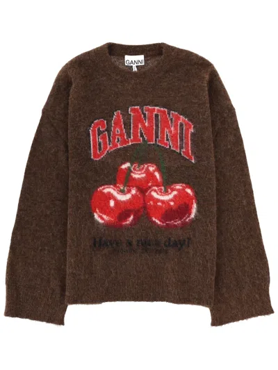 Ganni Brushed Alpaca Graphic Oversized Sweater In Brown