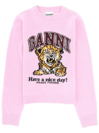Ganni Graphic Print Long Sleeve Crew Neck Sweater In Pink