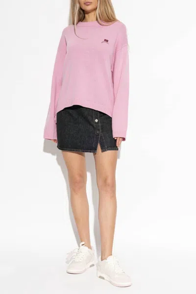 Ganni Wool Knit Crewneck Sweater In Aurora Pink