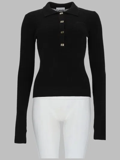 Ganni Wool Knit Polo In Black