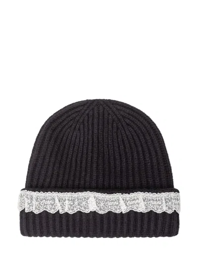 Ganni Wool Lace Beanie In Brown