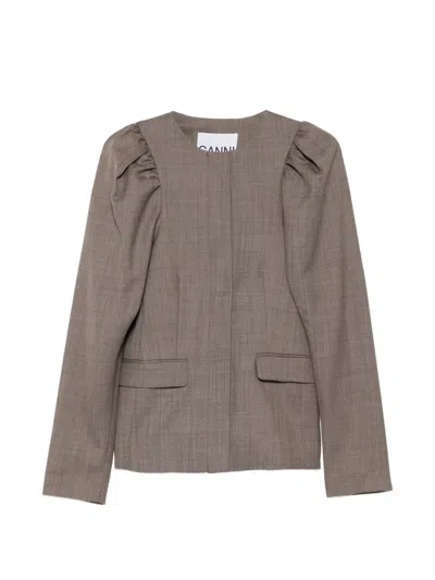 Ganni Wool Melange Puffy-sleeve Jacket In Brown