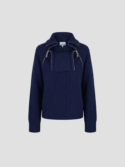 Ganni Wool Melange Rib Stripe Zip Turtleneck In Blue