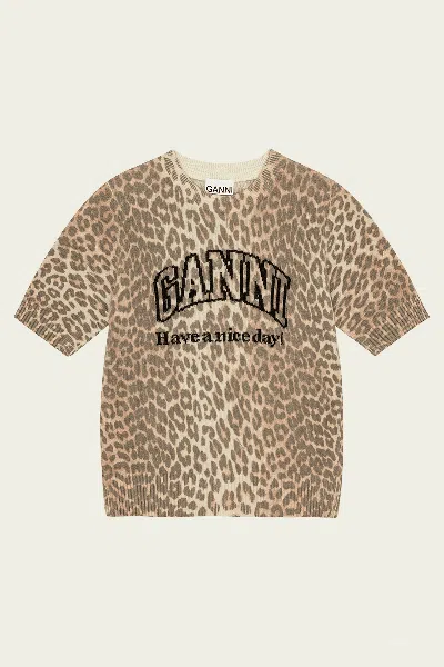 Ganni Wool Mix T-shirt In Leopard
