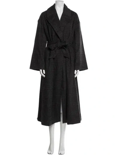 Pre-owned Ganni Wool Plaid Print Faux Fur Coat In Black