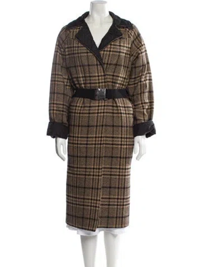 Pre-owned Ganni Wool Plaid Print Faux Fur Coat W/ Tags In Neutral