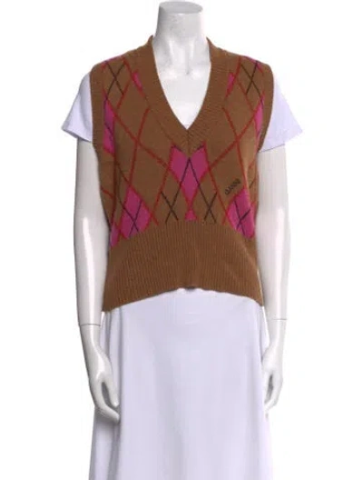 Pre-owned Ganni Wool Plaid Print Sweater In Brown