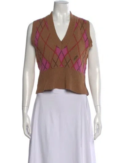 Pre-owned Ganni Wool Plaid Print Sweater In Brown