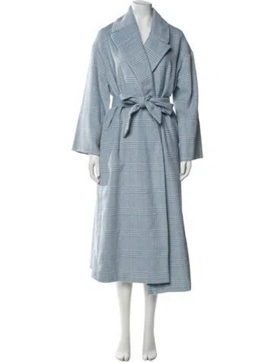 Pre-owned Ganni Wool Plaid Print Trench Coat In Blue