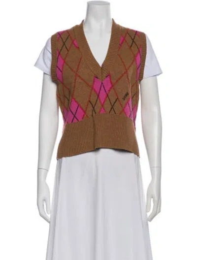 Pre-owned Ganni Wool Plaid Print Vest In Brown