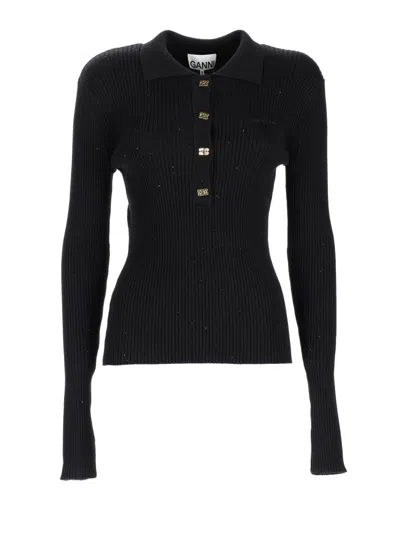 Ganni Wool Knit Polo In Multi